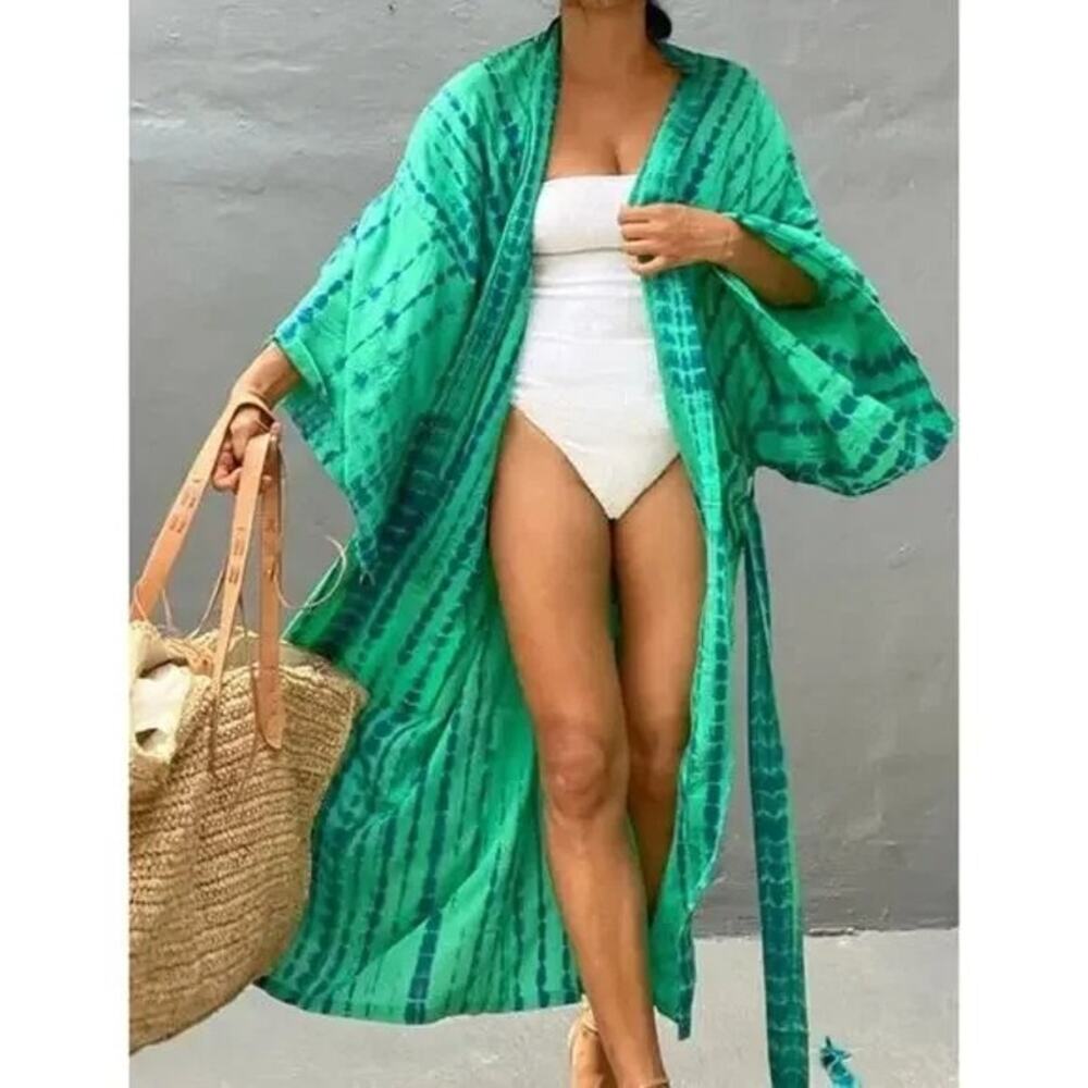 New Boho Flowy Ombre Tie Dye Beach Swim Coverup Maxi Duster Front Tie Green B500
